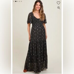Black Floral Chiffon Smocked Maternity Maxi Dress